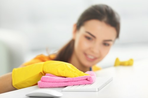 Dusting and cleaning bedroom surfaces before move in