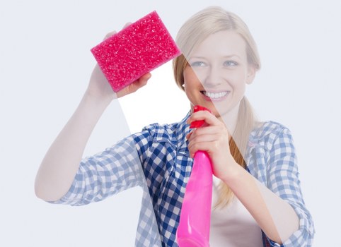Technician performing window cleaning with squeegee