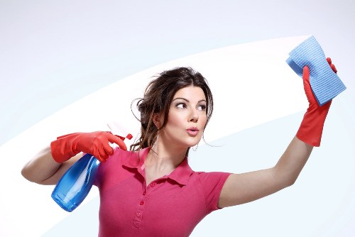 Bathroom house cleaning with scrubbing and sanitizing