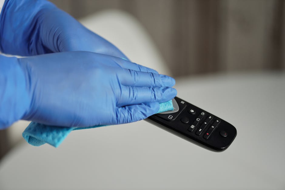 A person wearing green cleaning gloves is wiping a wooden shelf in a room with various decorative items, including a sign that reads 'My Garage my Rules,' pink glass vases, and framed pictures. The sh